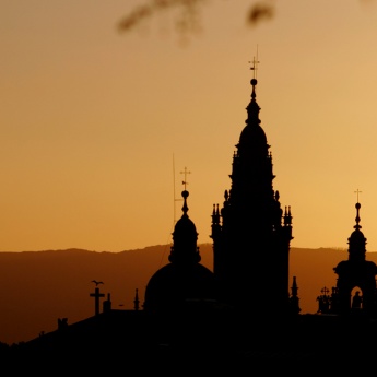 Towers of Santiago de Compostela cathedral at dusk